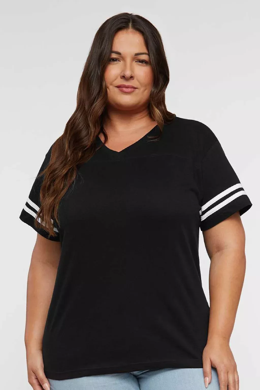 LAT Womens Fine Jersey Short Sleeve V-Neck T-Shirt - Solid Black/White