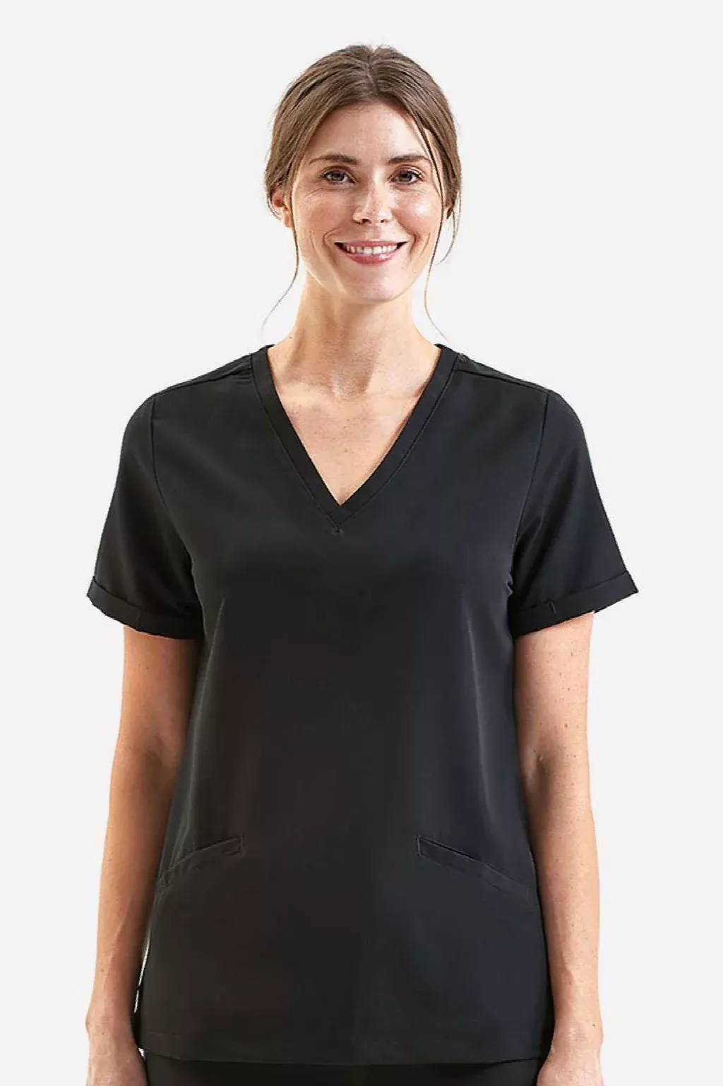 Onna Womens Invincible Stretch V-Neck Scrub Top w/ Pockets - Black