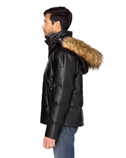 Threadfast Apparel 397J Unisex Vegan Leather Puffer Jacket – 100% PU Shell with Detachable Faux Fur Hood | XS–3XL